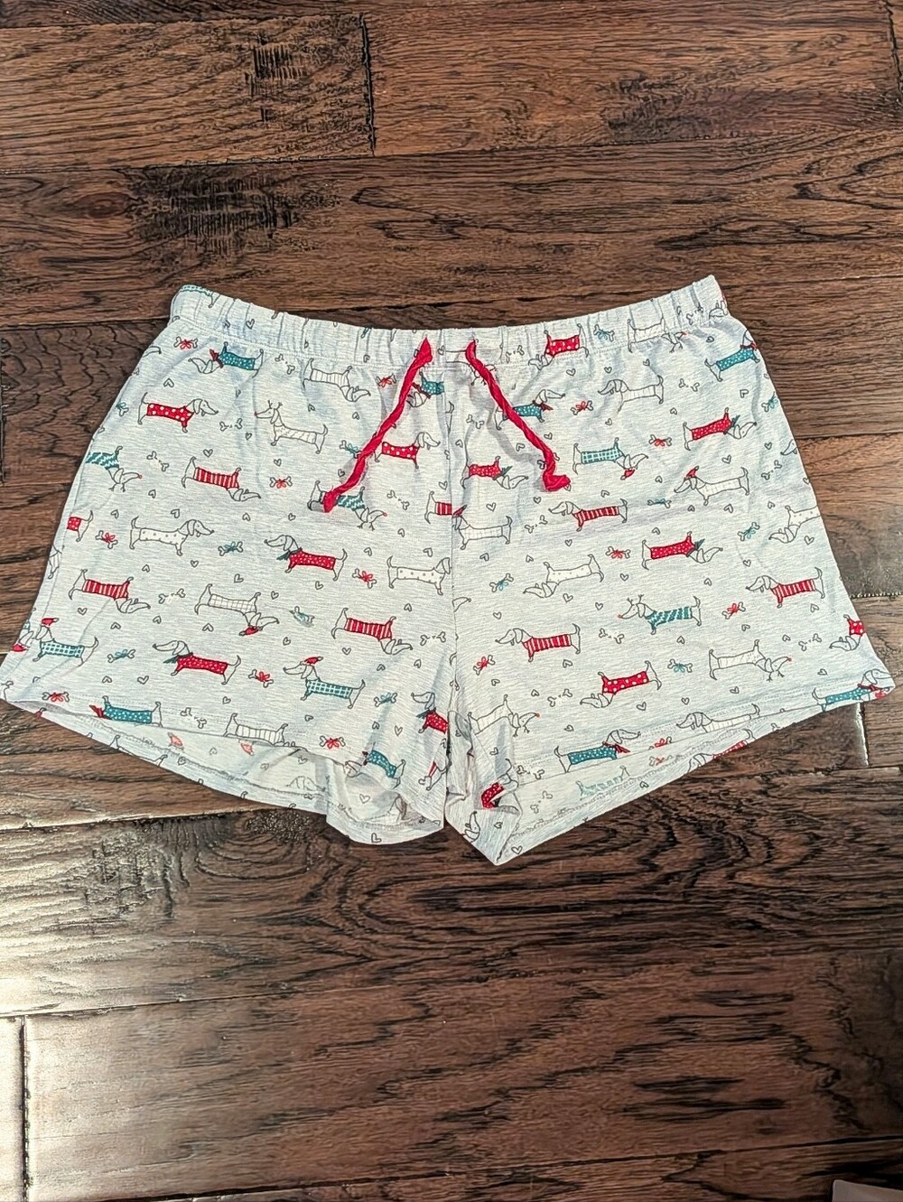 Women's Gray Holiday Dachshund-Print Pajama Lounge Shorts with Red Drawstring